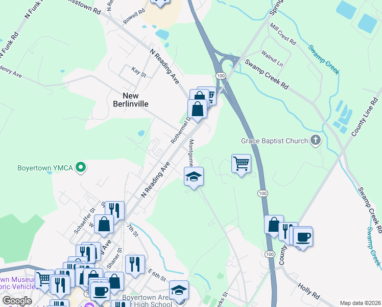 map of restaurants, bars, coffee shops, grocery stores, and more near 611 Montgomery Avenue in Boyertown