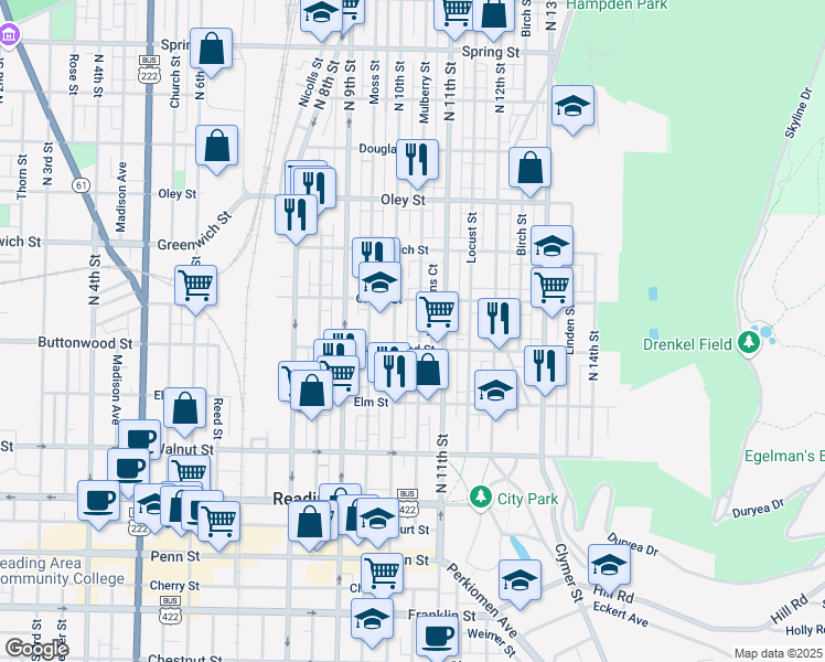 map of restaurants, bars, coffee shops, grocery stores, and more near 1038 Green Street in Reading