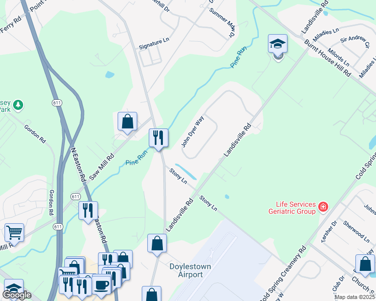 map of restaurants, bars, coffee shops, grocery stores, and more near 62 John Dyer Way in Doylestown