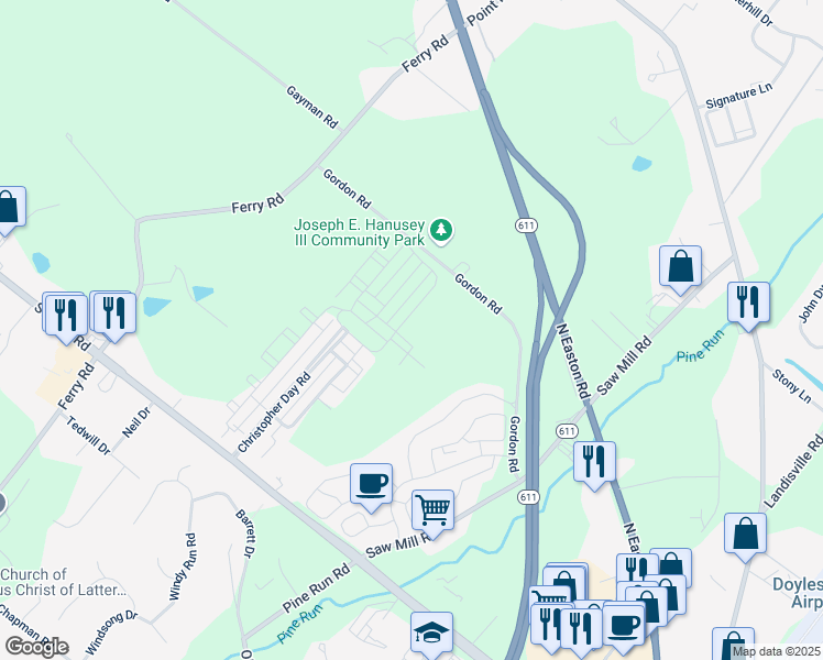 map of restaurants, bars, coffee shops, grocery stores, and more near 3910 Cephas Child Road in Doylestown