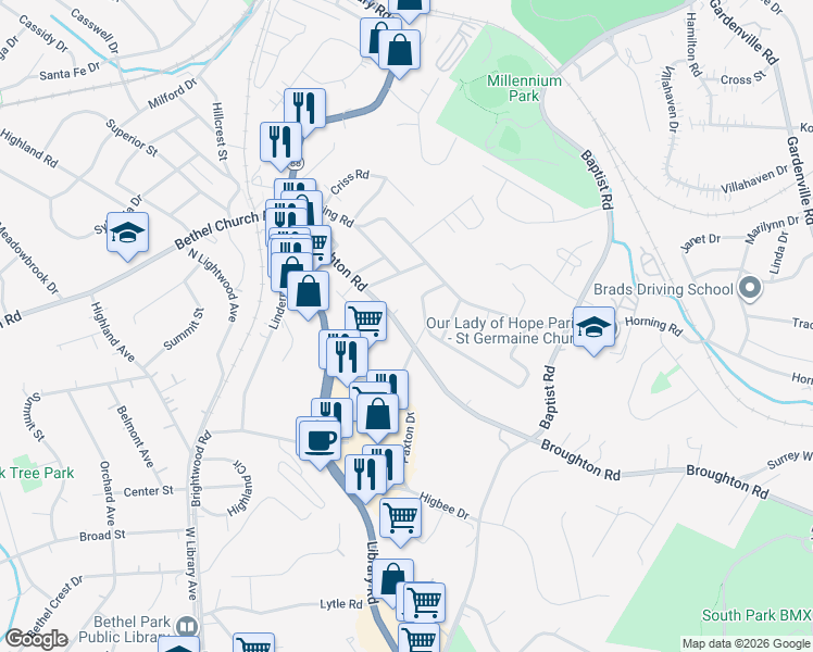map of restaurants, bars, coffee shops, grocery stores, and more near 321 Broughton Road in Bethel Park