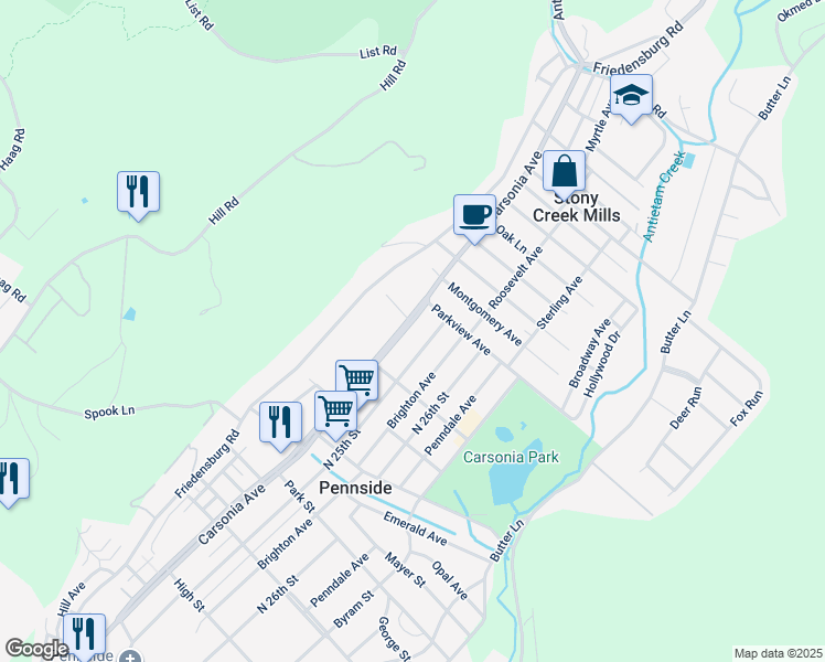 map of restaurants, bars, coffee shops, grocery stores, and more near 915 Carsonia Avenue in Reading