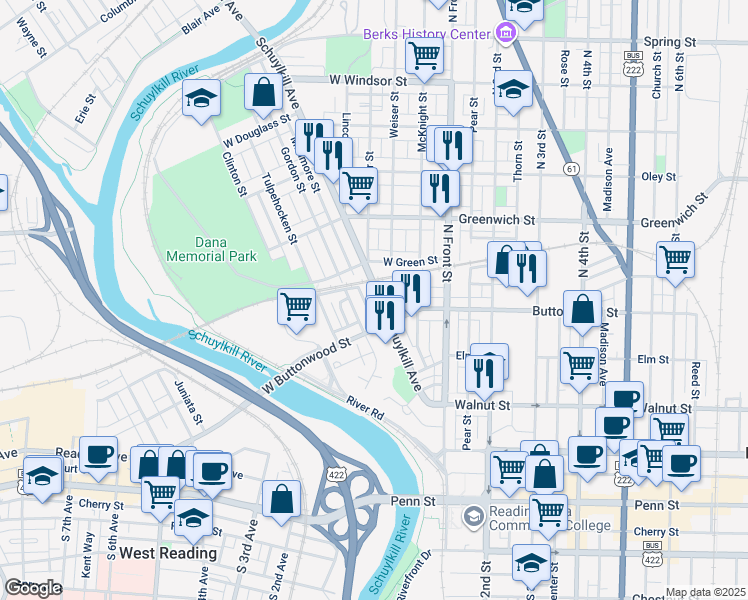 map of restaurants, bars, coffee shops, grocery stores, and more near 434 Schuylkill Avenue in Reading