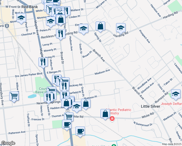 map of restaurants, bars, coffee shops, grocery stores, and more near 27 Madison Avenue in Red Bank