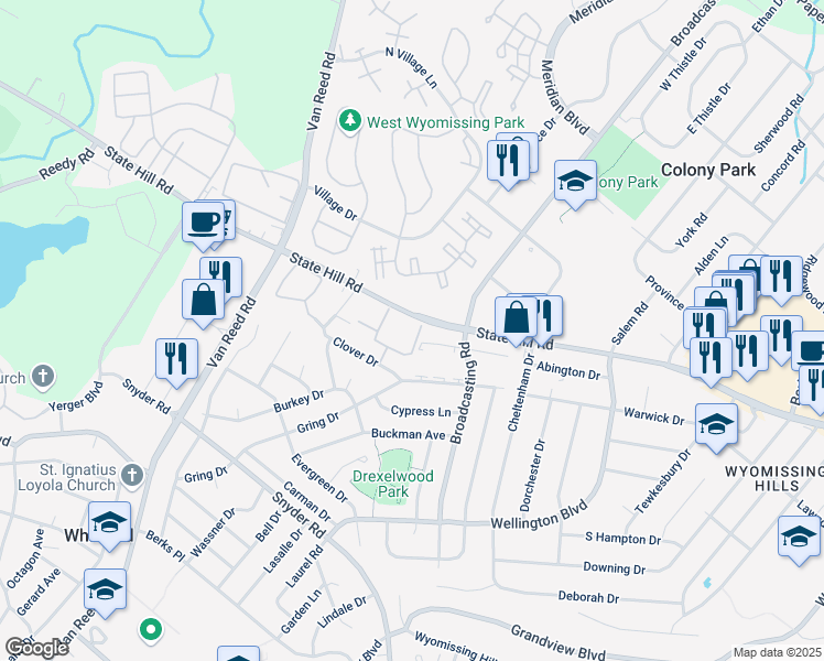 map of restaurants, bars, coffee shops, grocery stores, and more near 2900 State Hill Road in Reading