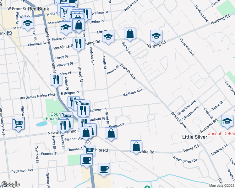 map of restaurants, bars, coffee shops, grocery stores, and more near 27 Madison Avenue in Red Bank