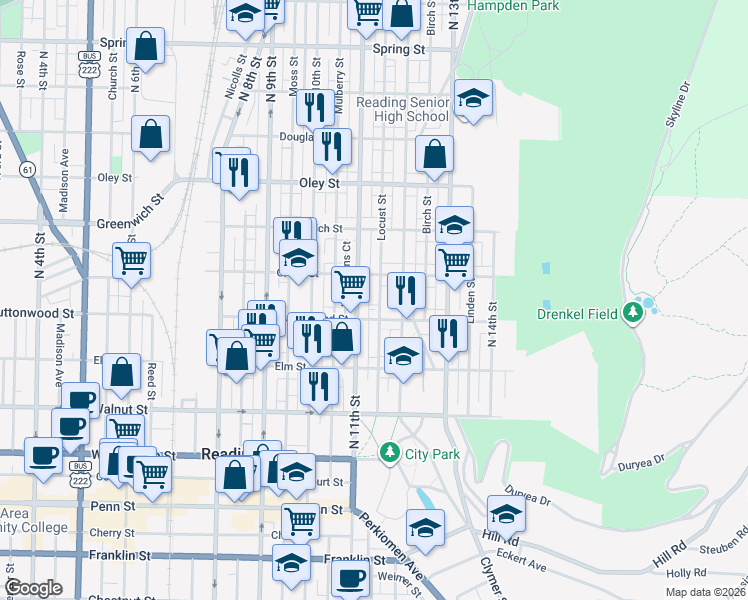 map of restaurants, bars, coffee shops, grocery stores, and more near 1130 Green Street in Reading