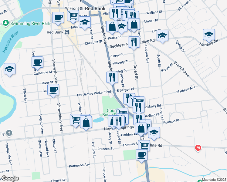 map of restaurants, bars, coffee shops, grocery stores, and more near Maple Avenue & East Bergen Place in Red Bank