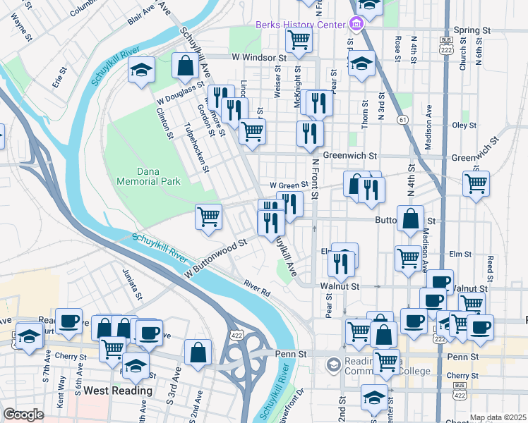 map of restaurants, bars, coffee shops, grocery stores, and more near 434 Schuylkill Avenue in Reading