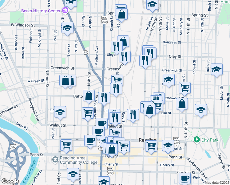 map of restaurants, bars, coffee shops, grocery stores, and more near 436 North 6th Street in Reading