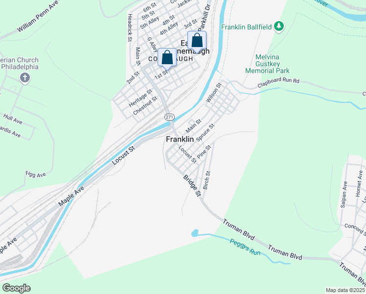map of restaurants, bars, coffee shops, grocery stores, and more near 135 Hill Drive in Johnstown