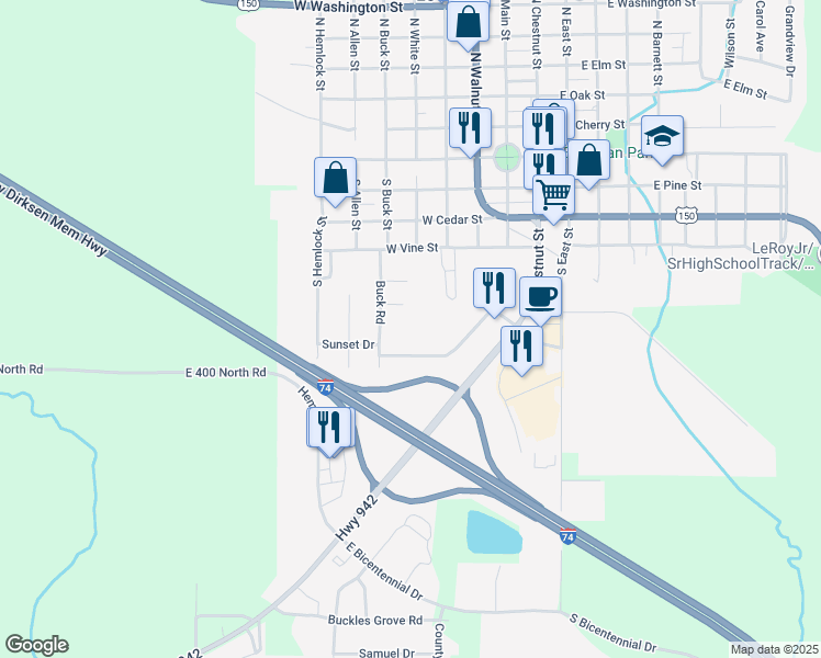 map of restaurants, bars, coffee shops, grocery stores, and more near 6 Independence Court in Le Roy