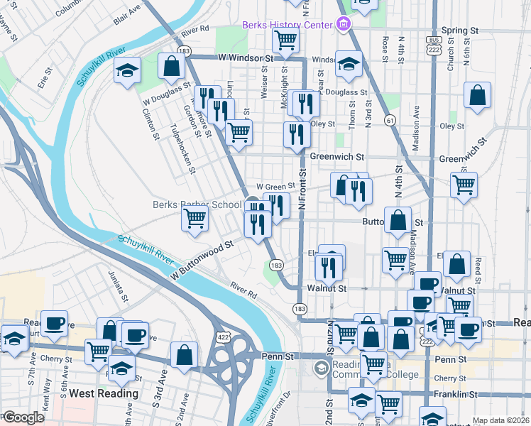 map of restaurants, bars, coffee shops, grocery stores, and more near 437 Rosenthal Street in Reading