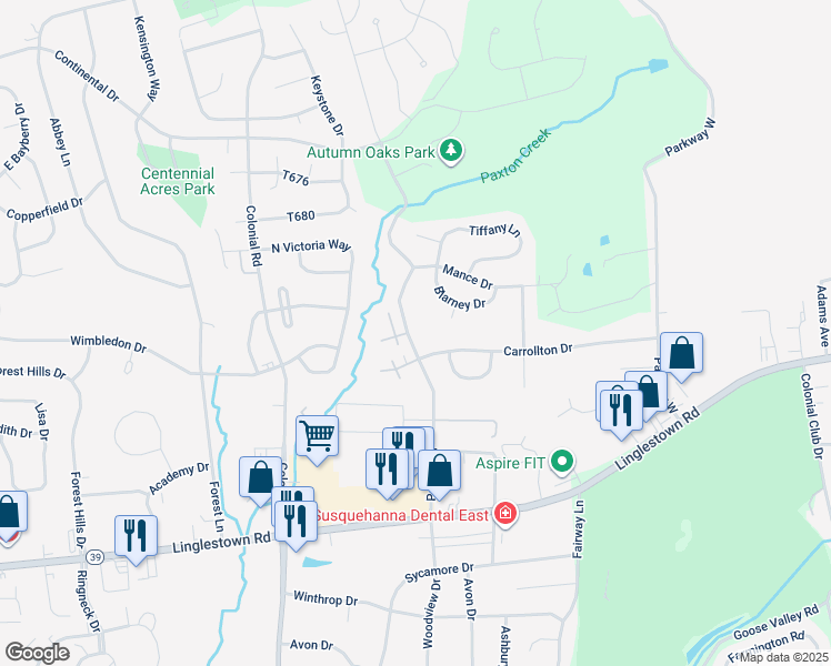 map of restaurants, bars, coffee shops, grocery stores, and more near Fairfax Village in Harrisburg