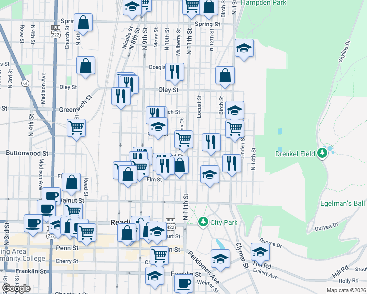 map of restaurants, bars, coffee shops, grocery stores, and more near 1038 Green Street in Reading