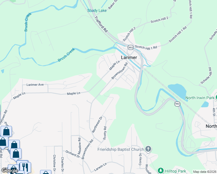 map of restaurants, bars, coffee shops, grocery stores, and more near 1050 Brownstown Road in Larimer