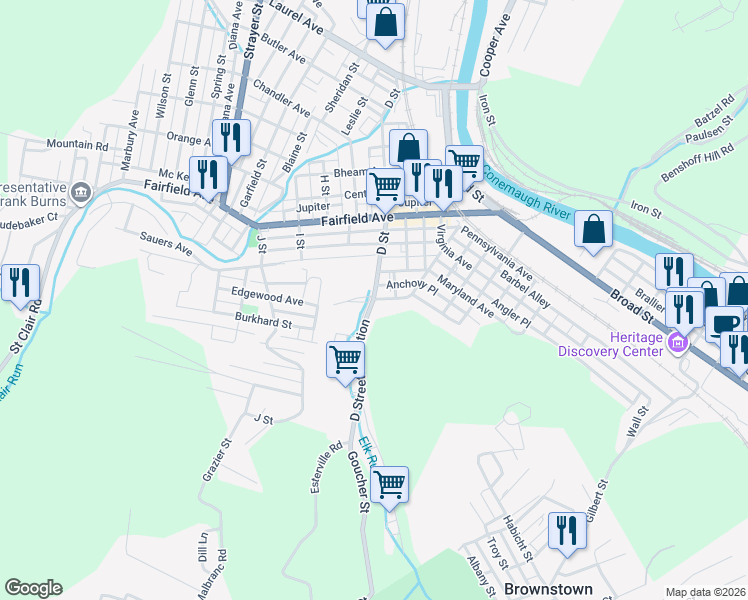 map of restaurants, bars, coffee shops, grocery stores, and more near 48 D Saint Exd in Johnstown