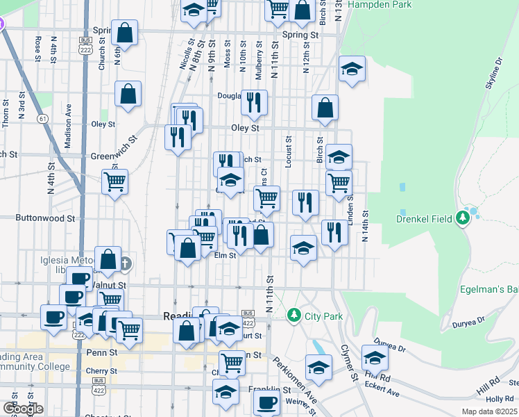 map of restaurants, bars, coffee shops, grocery stores, and more near 1038 Green Street in Reading