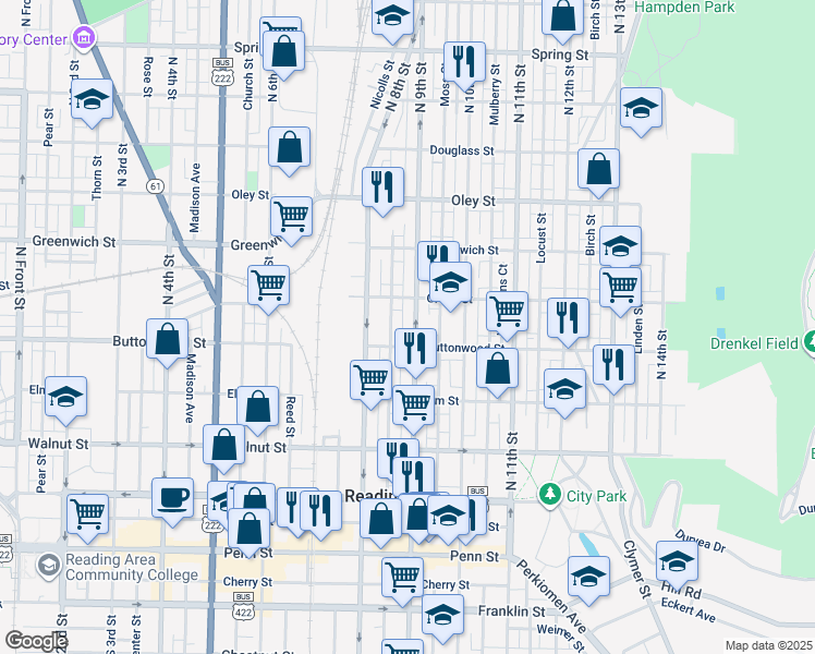 map of restaurants, bars, coffee shops, grocery stores, and more near 439 Ecks Court in Reading
