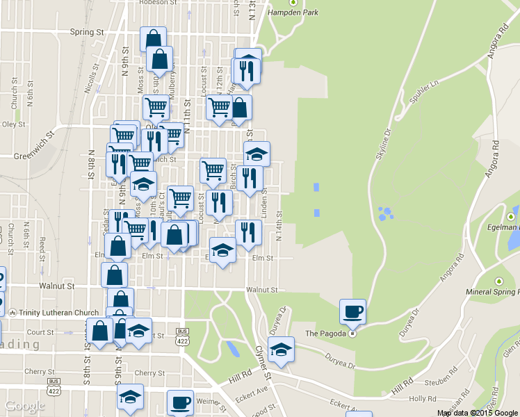 map of restaurants, bars, coffee shops, grocery stores, and more near 430 Linden Street in Reading