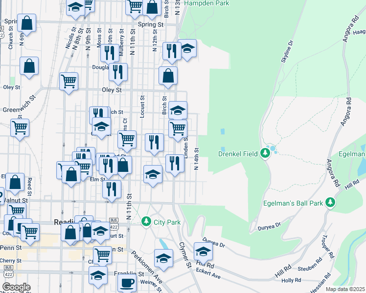 map of restaurants, bars, coffee shops, grocery stores, and more near 430 Linden Street in Reading