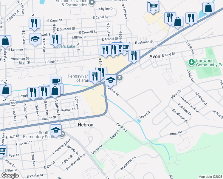map of restaurants, bars, coffee shops, grocery stores, and more near Metro Dr in Lebanon