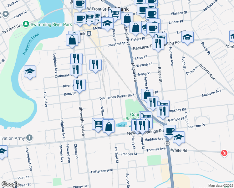 map of restaurants, bars, coffee shops, grocery stores, and more near 227 South Pearl Street in Red Bank