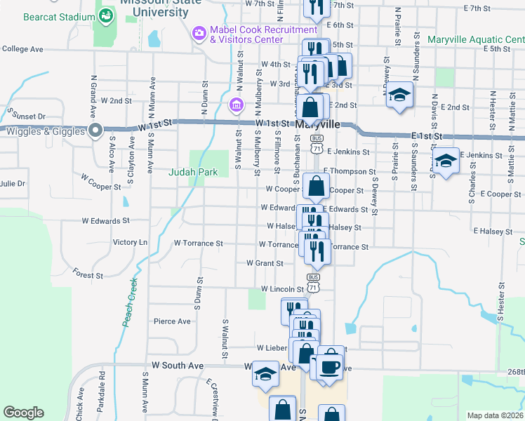 map of restaurants, bars, coffee shops, grocery stores, and more near 401-499 S Mulberry St in Maryville