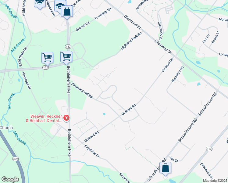map of restaurants, bars, coffee shops, grocery stores, and more near 54 Williams Way in Sellersville