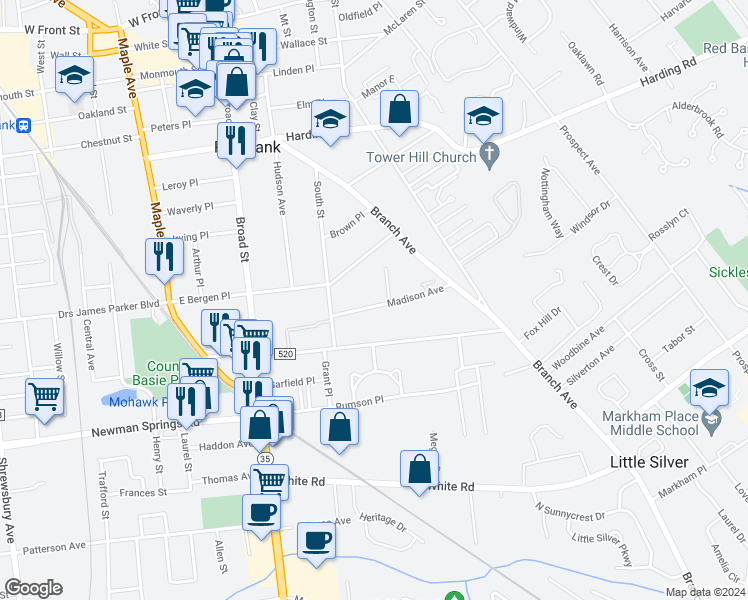 map of restaurants, bars, coffee shops, grocery stores, and more near 39 Madison Avenue in Red Bank