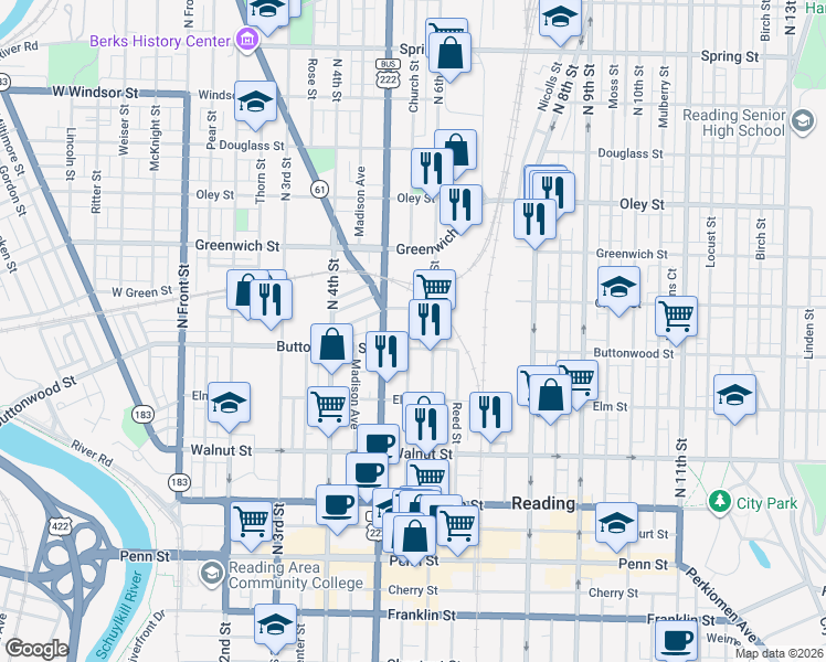 map of restaurants, bars, coffee shops, grocery stores, and more near 526 Woodward Street in Reading
