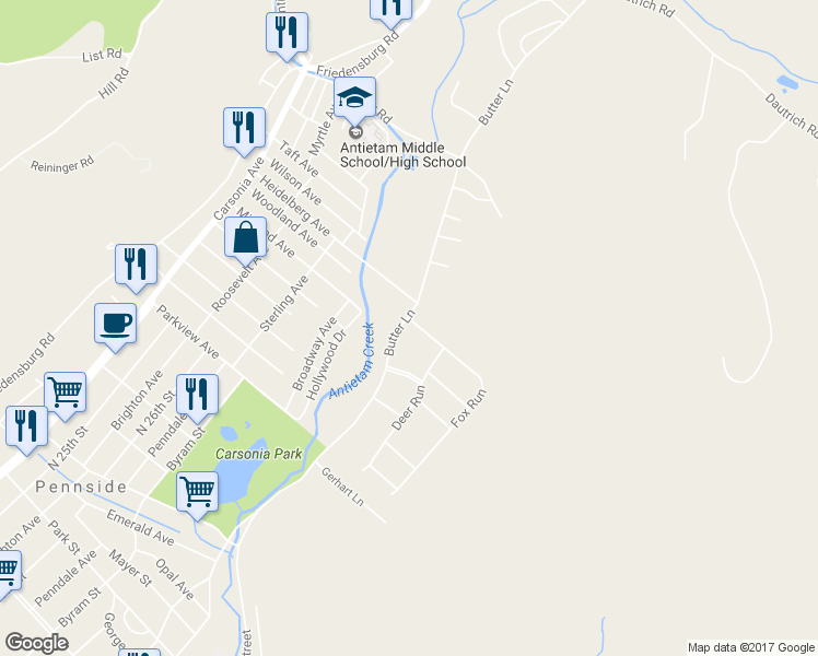 map of restaurants, bars, coffee shops, grocery stores, and more near 1220 Butter Lane in Reading