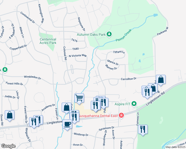 map of restaurants, bars, coffee shops, grocery stores, and more near 76 Fairfax Village in Harrisburg