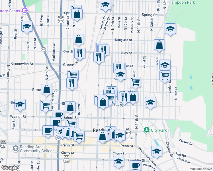 map of restaurants, bars, coffee shops, grocery stores, and more near 439 Ecks Court in Reading
