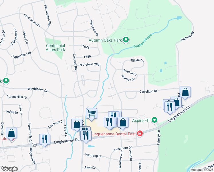 map of restaurants, bars, coffee shops, grocery stores, and more near 76 Fairfax Village in Harrisburg