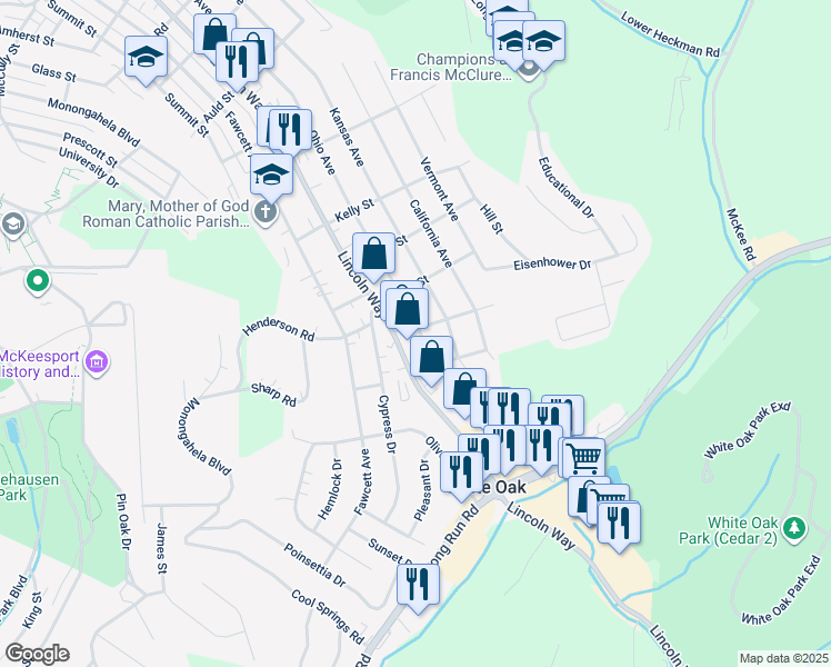 map of restaurants, bars, coffee shops, grocery stores, and more near 2000 Ohio Avenue in White Oak