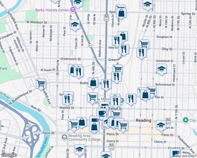 map of restaurants, bars, coffee shops, grocery stores, and more near 433 Woodward Street in Reading