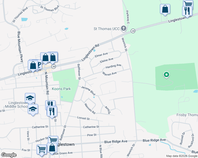 map of restaurants, bars, coffee shops, grocery stores, and more near 6225 Warren Avenue in Harrisburg