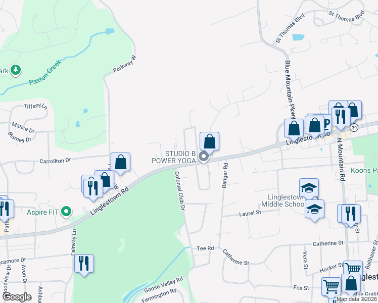 map of restaurants, bars, coffee shops, grocery stores, and more near 1440 Riegle Road in Harrisburg