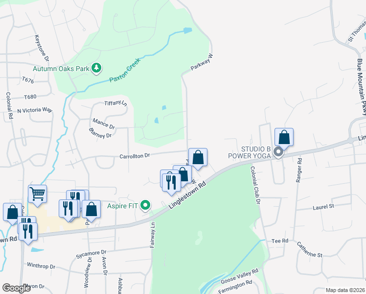 map of restaurants, bars, coffee shops, grocery stores, and more near 1570 Parkway West in Harrisburg