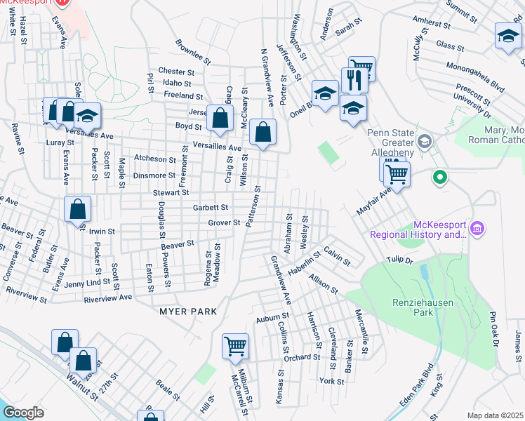 map of restaurants, bars, coffee shops, grocery stores, and more near 3407 Garbett Street in McKeesport