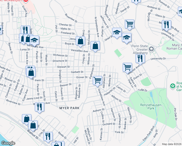 map of restaurants, bars, coffee shops, grocery stores, and more near 3407 Garbett Street in McKeesport