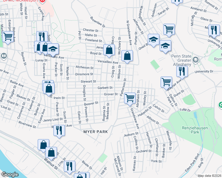 map of restaurants, bars, coffee shops, grocery stores, and more near 3301 Garbett Street in McKeesport
