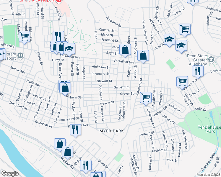 map of restaurants, bars, coffee shops, grocery stores, and more near 3007 Garbett Street in McKeesport