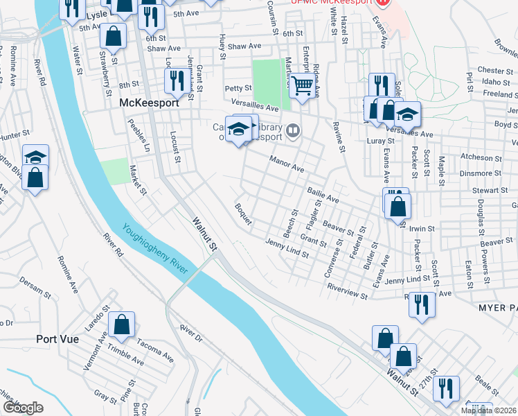 map of restaurants, bars, coffee shops, grocery stores, and more near 1509 Beaver Street in McKeesport