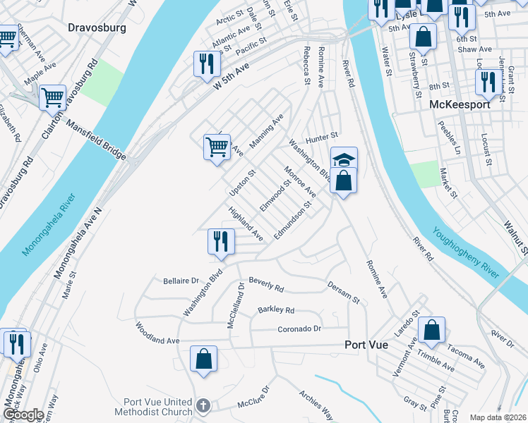 map of restaurants, bars, coffee shops, grocery stores, and more near 915 Pleasant Avenue in McKeesport