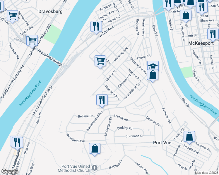 map of restaurants, bars, coffee shops, grocery stores, and more near 905 Highland Avenue in McKeesport