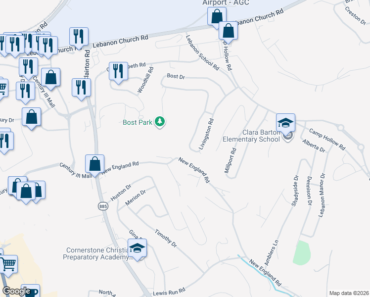 map of restaurants, bars, coffee shops, grocery stores, and more near 411 Livingston Road in West Mifflin