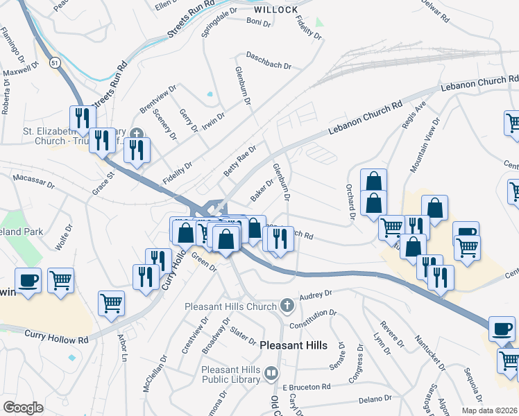 map of restaurants, bars, coffee shops, grocery stores, and more near 141 Pleasant Hills Boulevard in Pittsburgh