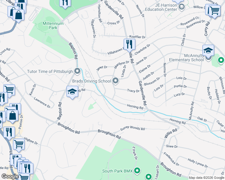 map of restaurants, bars, coffee shops, grocery stores, and more near 5670 Marilynn Drive in Pittsburgh